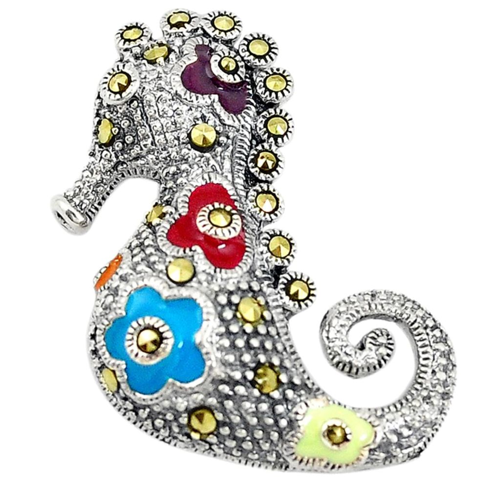 Fine marcasite enamel 925 sterling silver seahorse pendant jewelry c21859