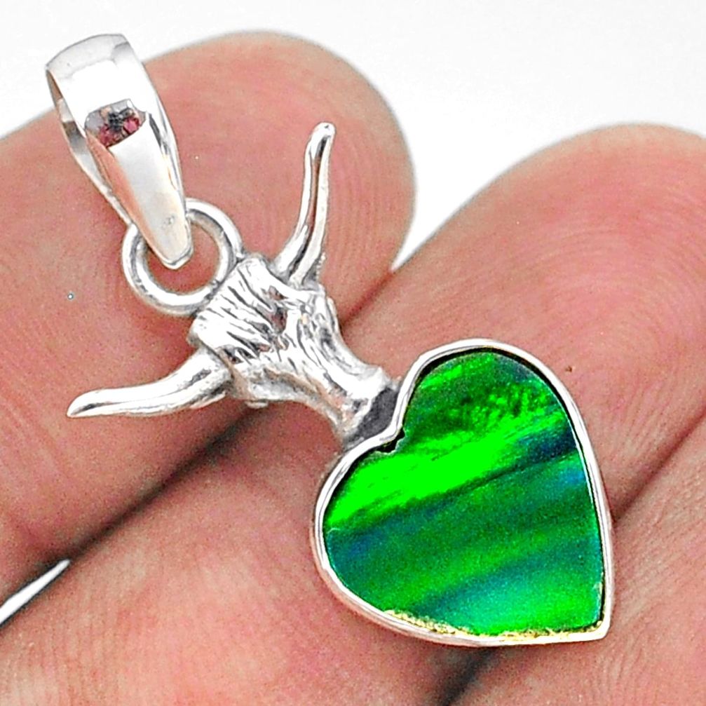 4.38cts fine northern lights aurora opal (lab) silver bull face pendant t34403