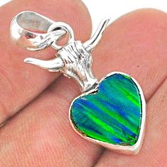 3.80cts fine northern lights aurora opal (lab) silver bull face pendant t34405