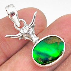 3.65cts fine northern lights aurora opal (lab) silver bull face pendant t34406