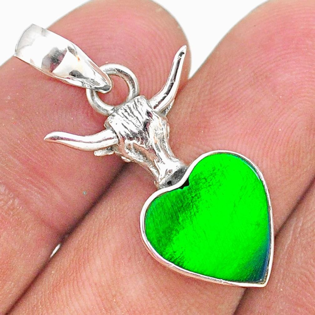 3.98cts fine northern lights aurora opal (lab) silver bull face pendant t34421