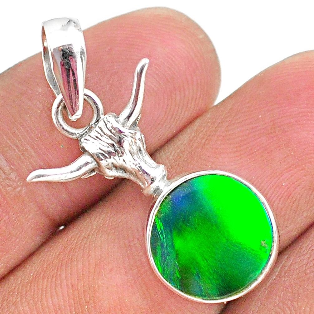 3.85cts fine northern lights aurora opal (lab) silver bull face pendant t34422