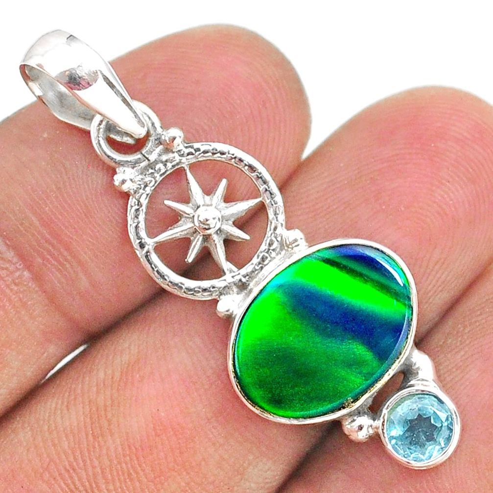 3.65cts fine northern lights aurora opal (lab) blue topaz silver pendant t34440