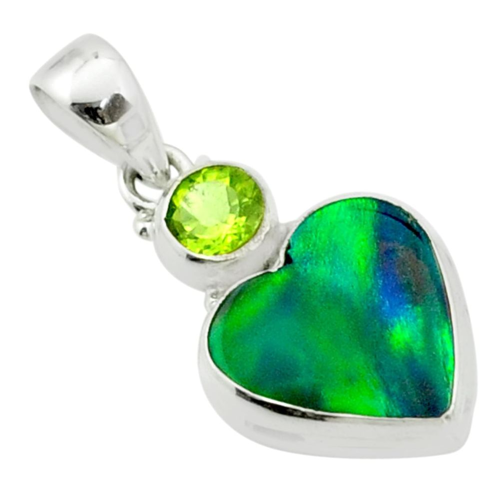 3.97cts fine northern lights aurora opal heart peridot 925 silver pendant t76908