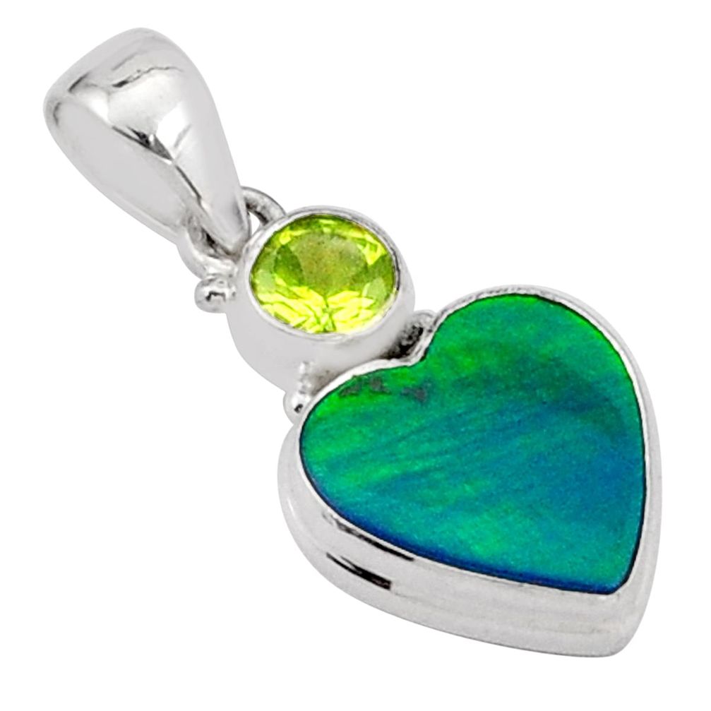 3.97cts fine northern lights aurora opal heart peridot 925 silver pendant t95085