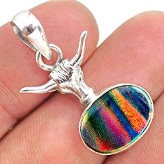 3.65cts fine volcano aurora opal (lab) 925 silver bull face pendant t34471