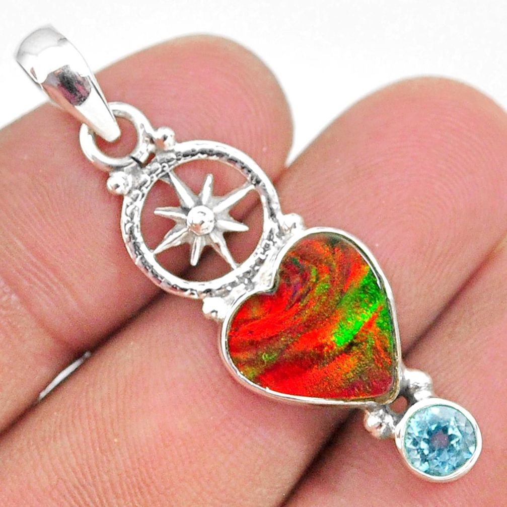 3.32cts fine volcano aurora opal (lab) blue topaz 925 silver pendant t34463