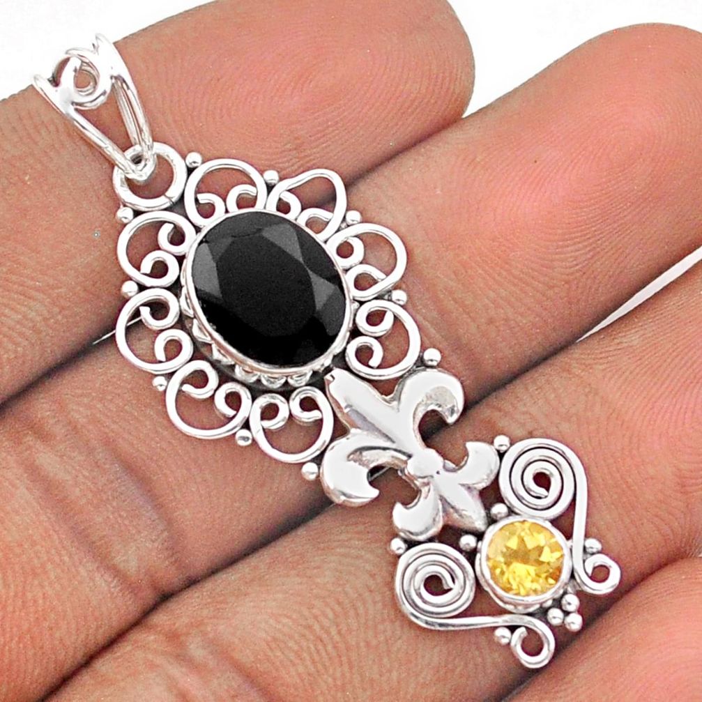 6.22cts fleur-de-lis natural black onyx citrine 925 silver pendant jewelry u6984