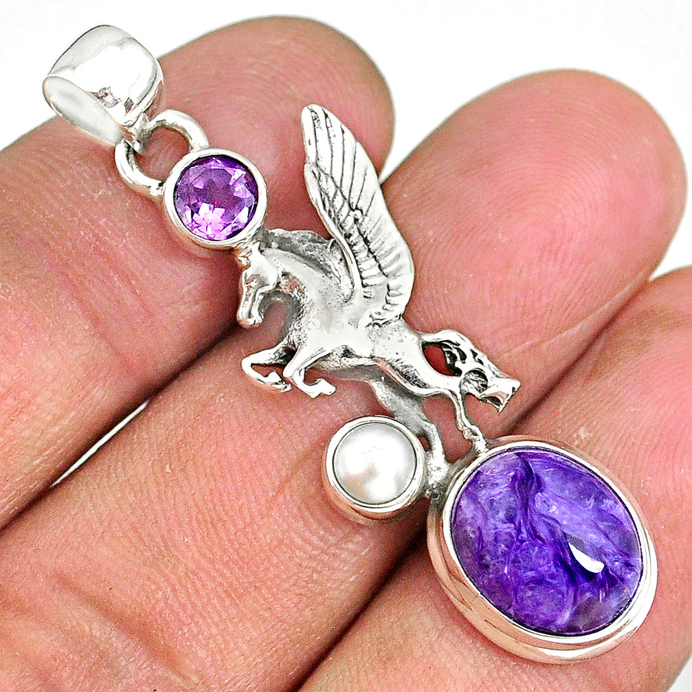 Fleur de lis wings charoite (siberian) amethyst 925 silver pendant r90348