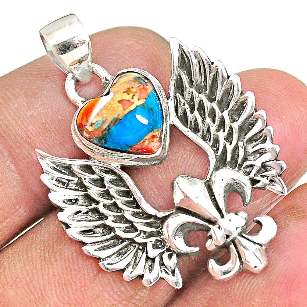 Fleur de lis wings spiny oyster arizona turquoise 925 silver pendant r90352