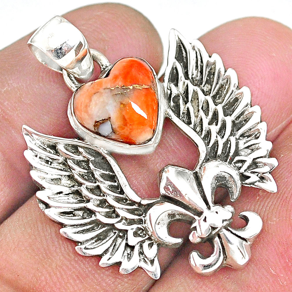 Fleur de lis wings spiny oyster arizona turquoise 925 silver pendant r90353