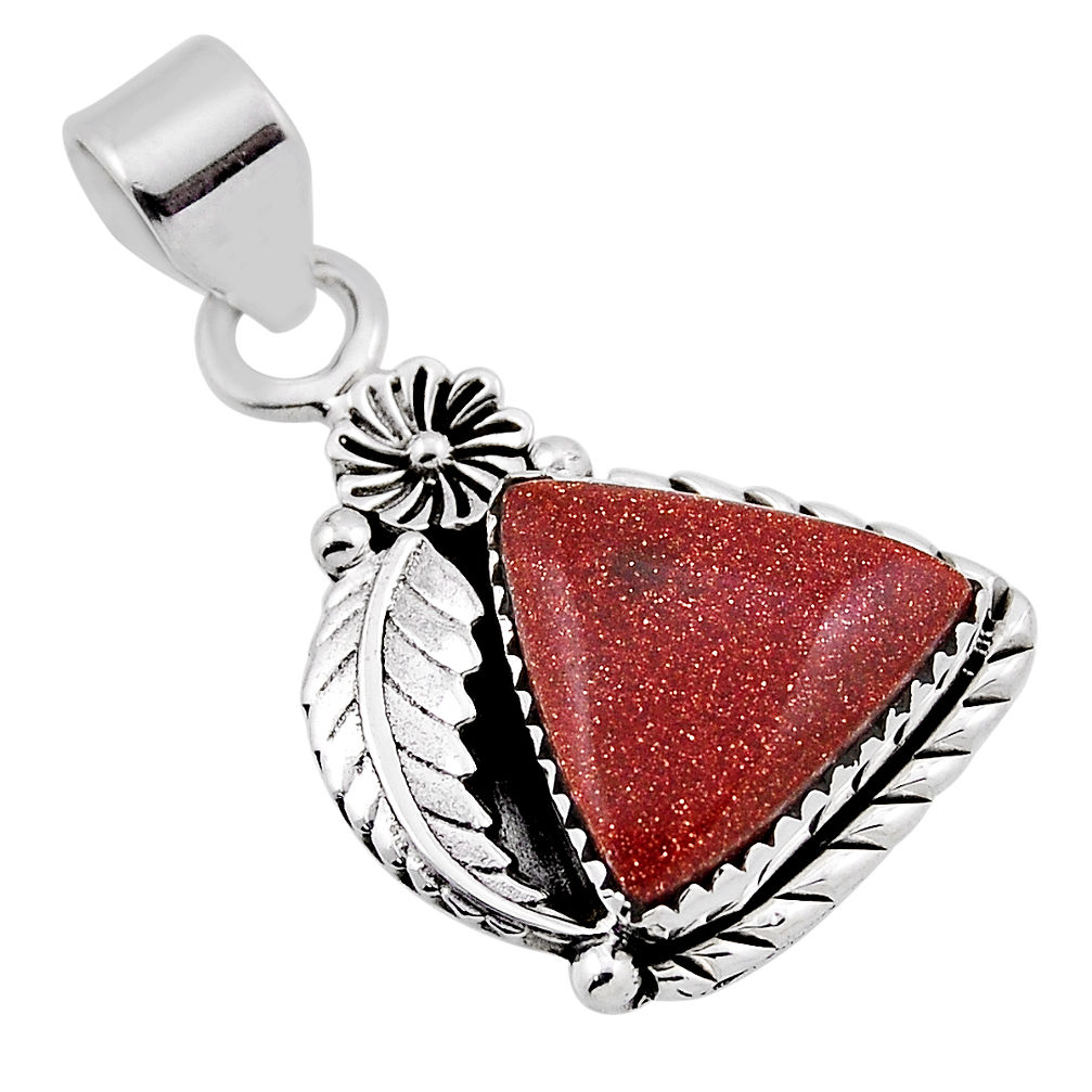 9.44cts flower with leaf natural brown goldstone trillion silver pendant n35138