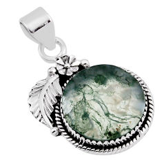 16.47cts flower with leaf natural green moss agate round silver pendant n32689