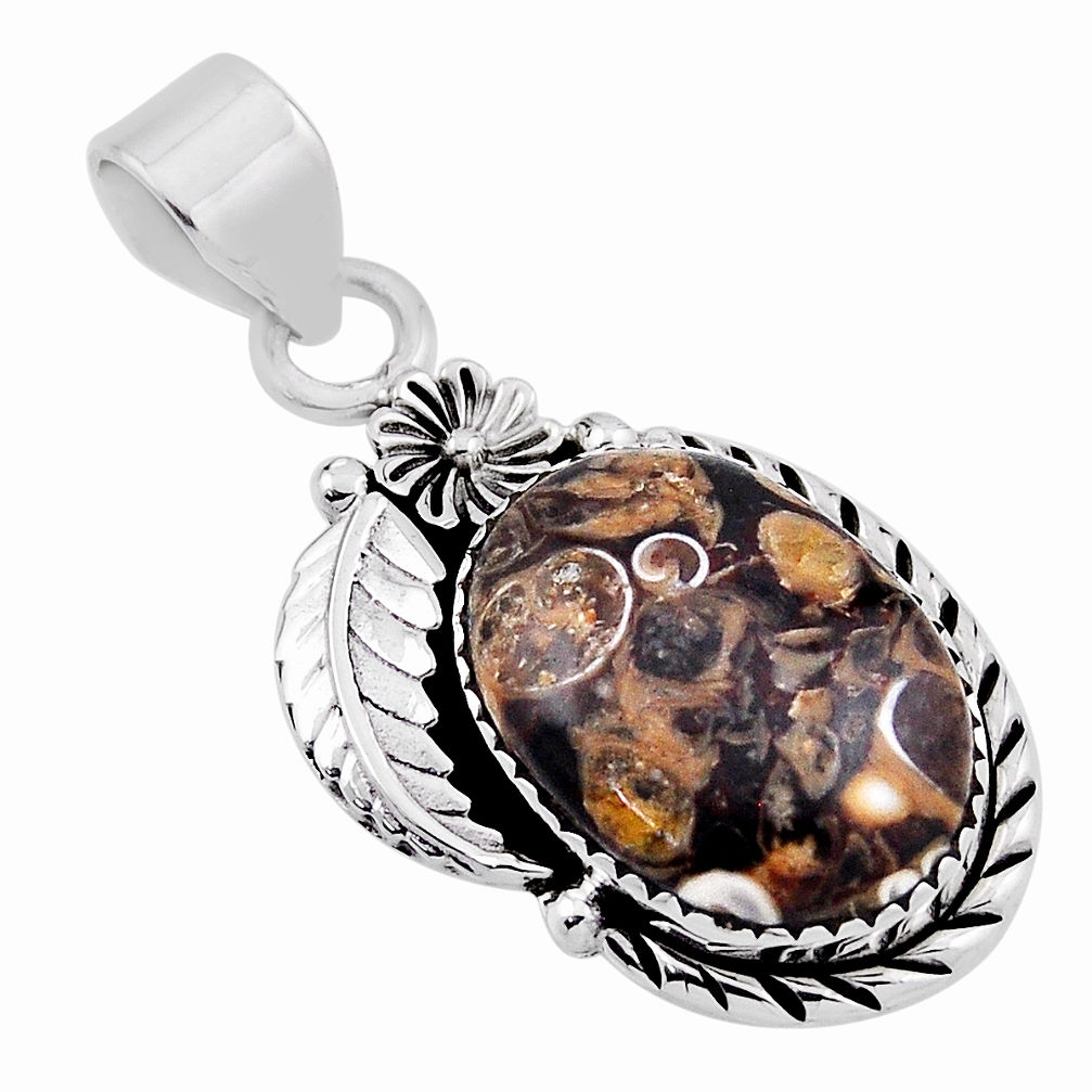 15.89cts flower with leaf turritella fossil snail agate silver pendant n32682
