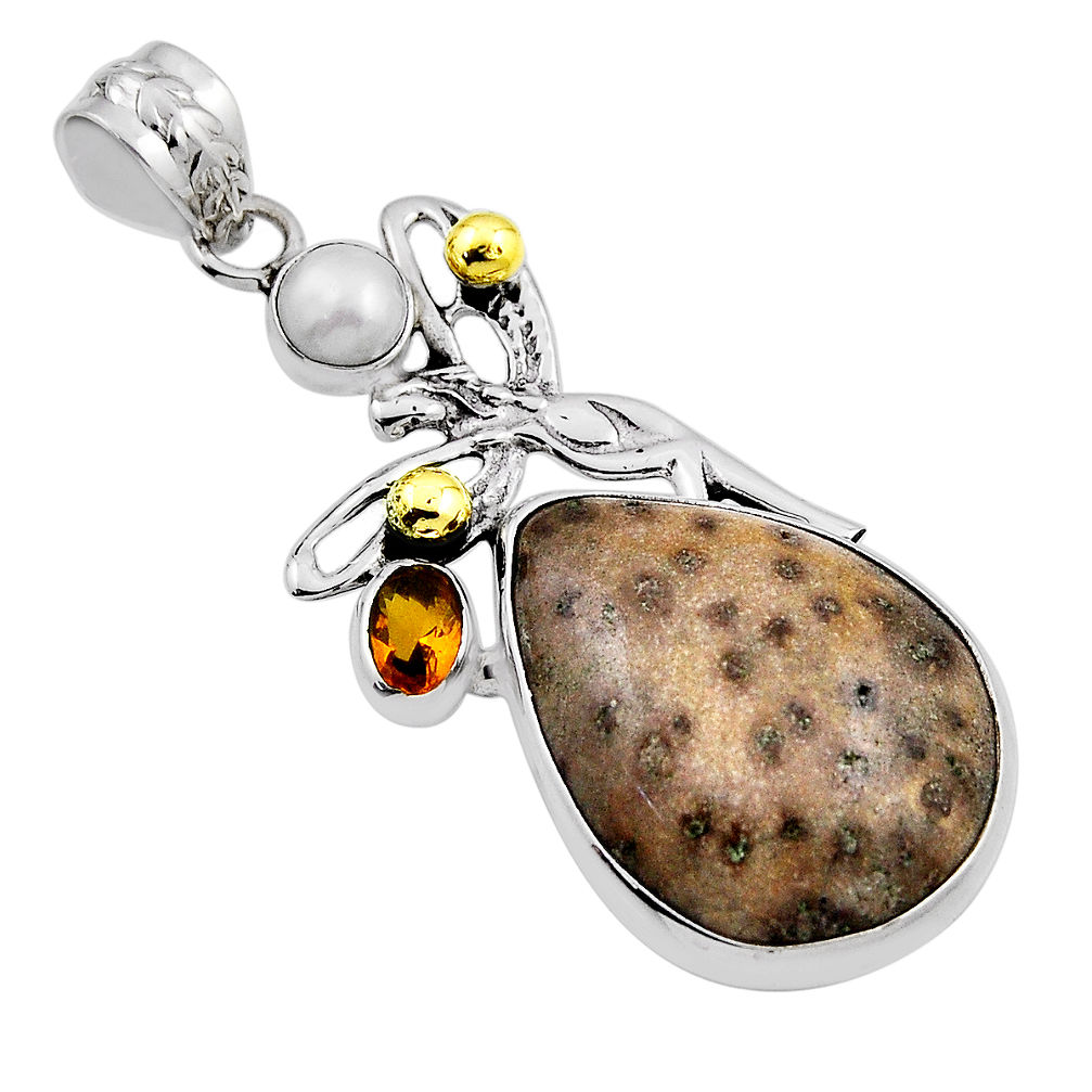 Fossil coral (agatized) petoskey stone citrine pearl silver gold pendant n24851