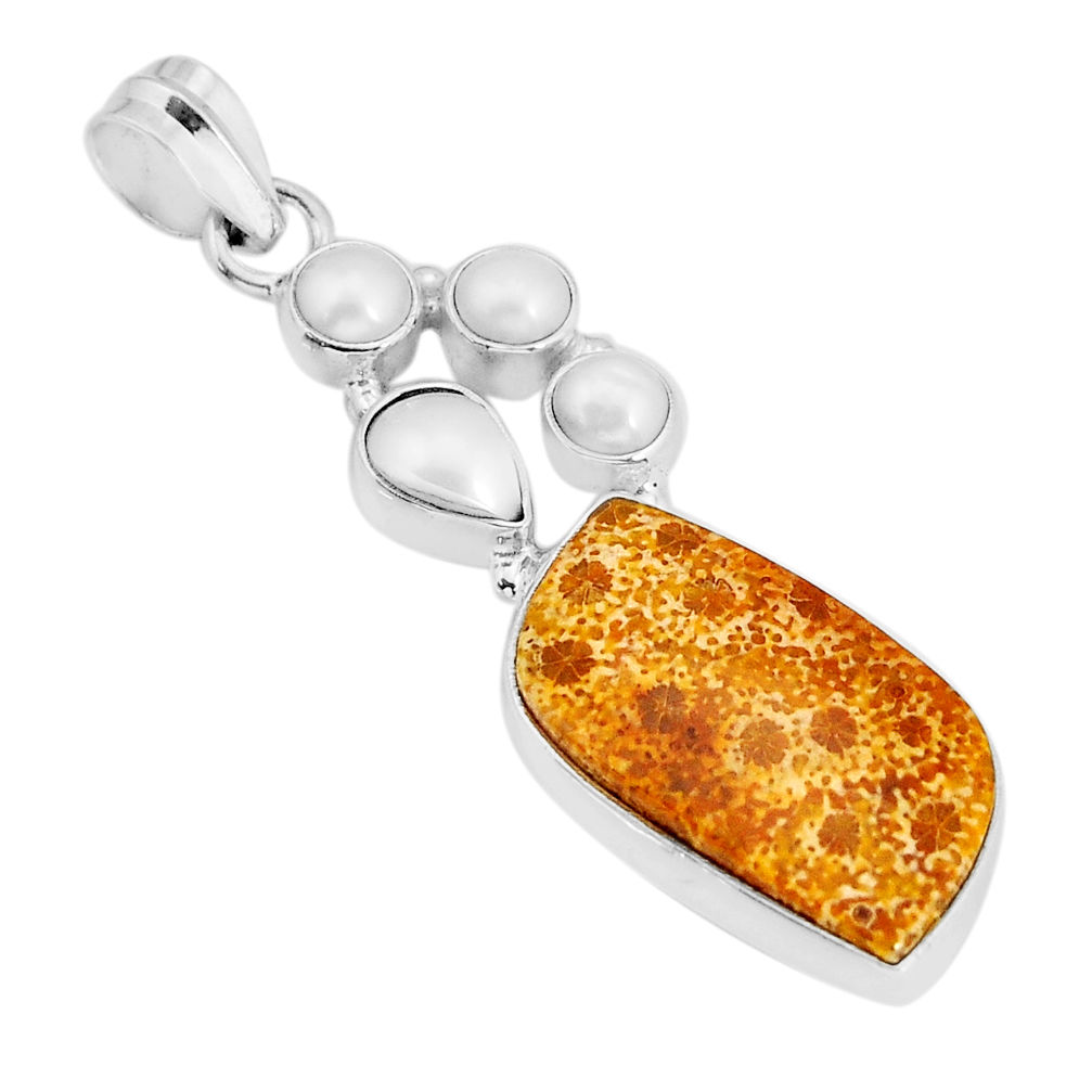 17.20cts fossil coral (agatized) petoskey stone pearl 925 silver pendant y73672
