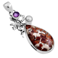 Garnet in limestone spessartine pearl silver angel wings fairy pendant n24662