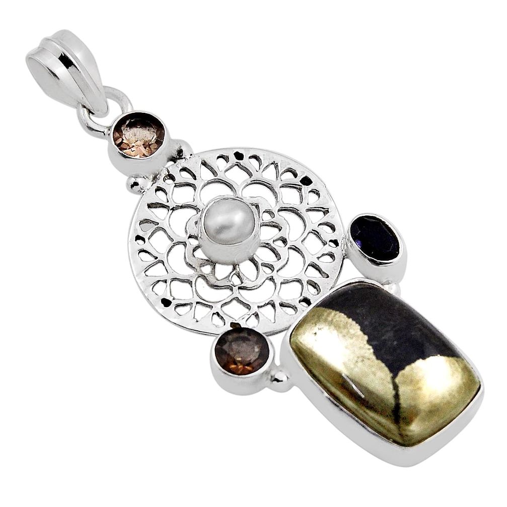Golden pyrite in magnetite smoky topaz onyx white pearl silver pendant n25148