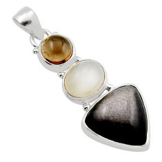 13.79cts golden sheen black obsidian moonstone smoky topaz silver pendant y86587