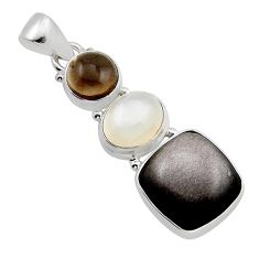 14.70cts golden sheen black obsidian moonstone smoky topaz silver pendant y86588