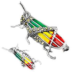 5.03gms grasshopper marcasite red green enamel 925 silver brooch pendant c29426