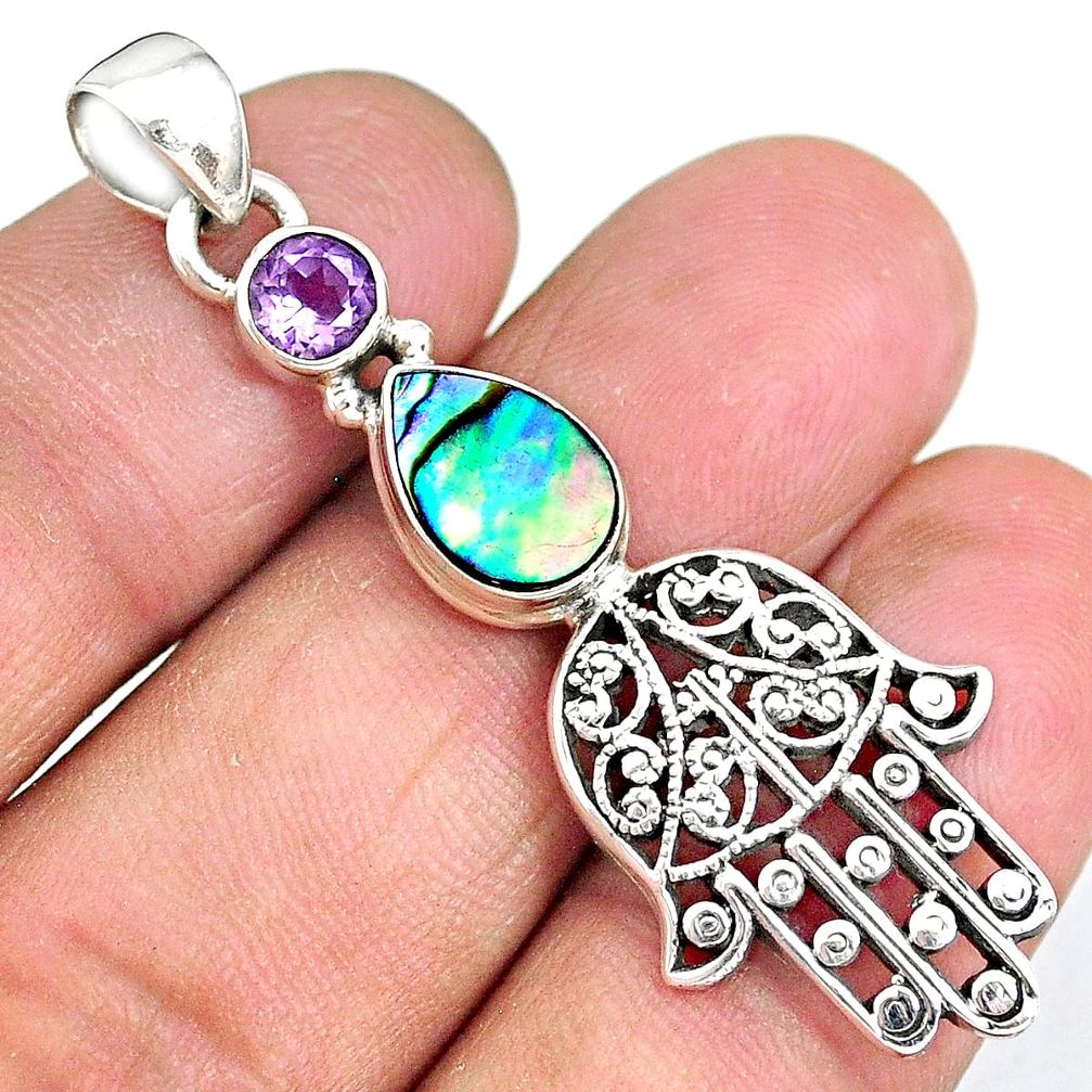 4.73cts green abalone paua seashell 925 silver hand of god hamsa pendant r90365