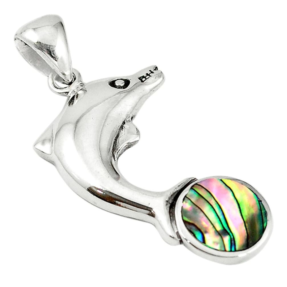 Green abalone paua seashell 925 sterling silver fish pendant jewelry c22745