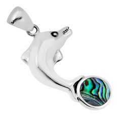 6.48gms green abalone paua seashell enamel 925 silver dolphin pendant y66074