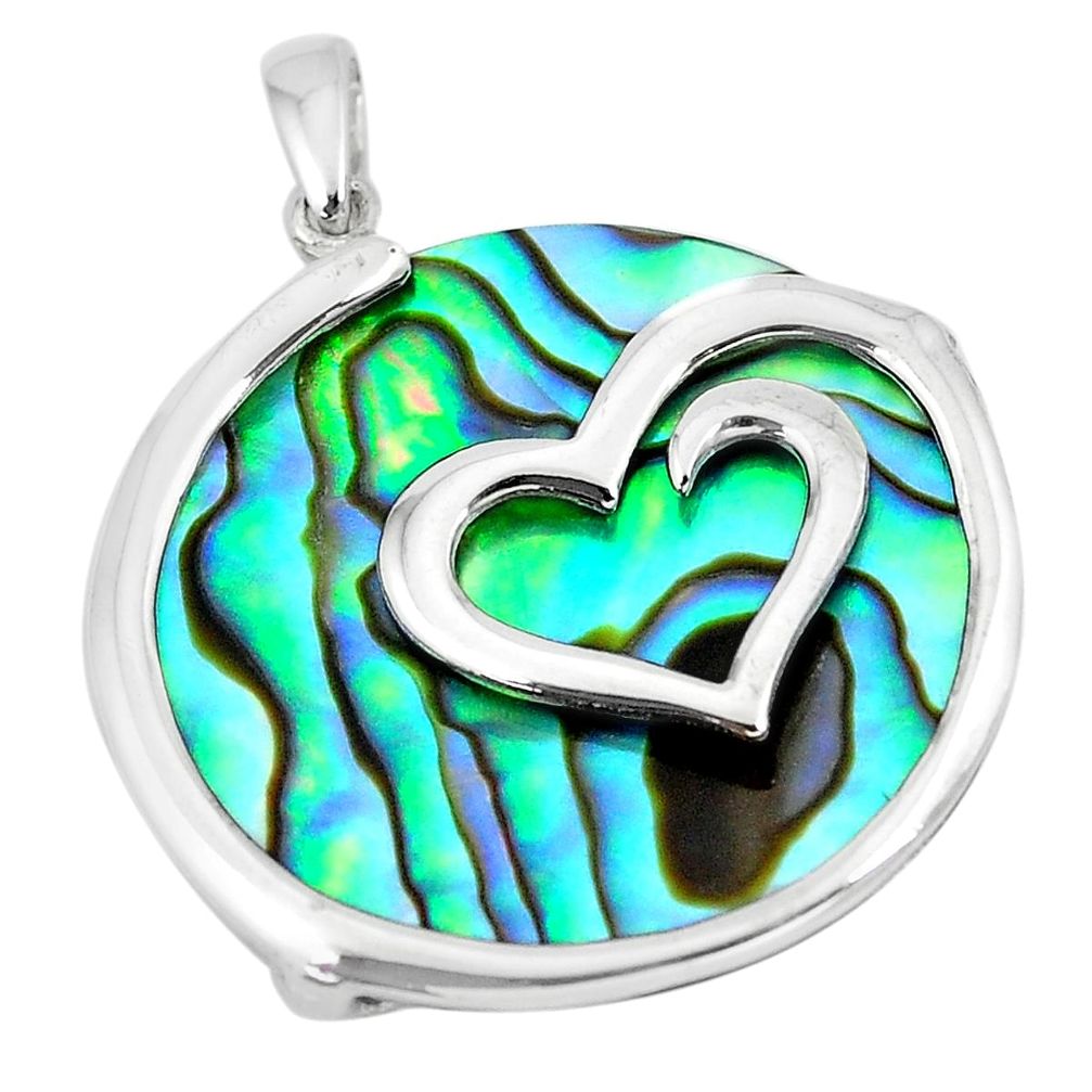 14.06cts green abalone paua seashell round silver heart pendant a88675 c14598