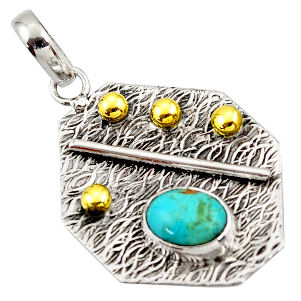 3.13cts green arizona mohave turquoise 925 silver 14k gold pendant r37173