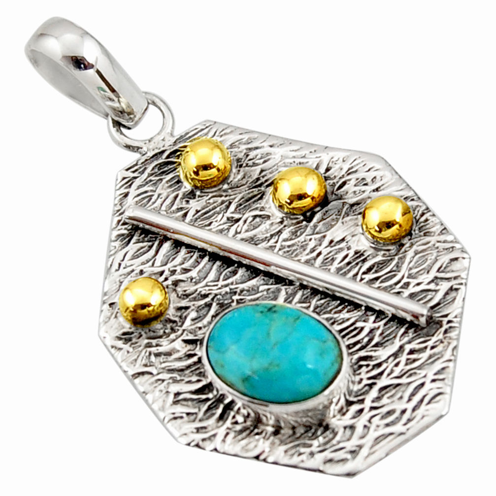 3.09cts green arizona mohave turquoise 925 silver 14k gold pendant r37175