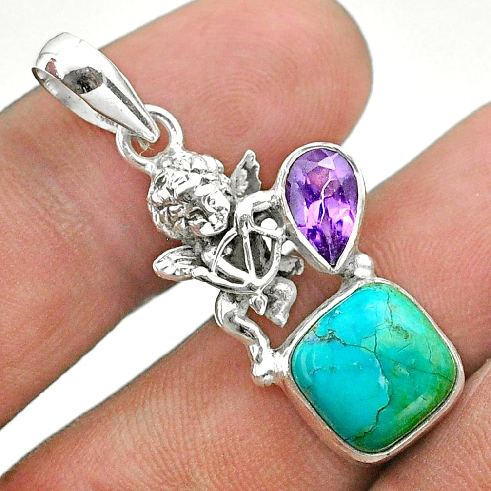 5.52cts green arizona mohave turquoise amethyst 925 silver angel pendant t51286