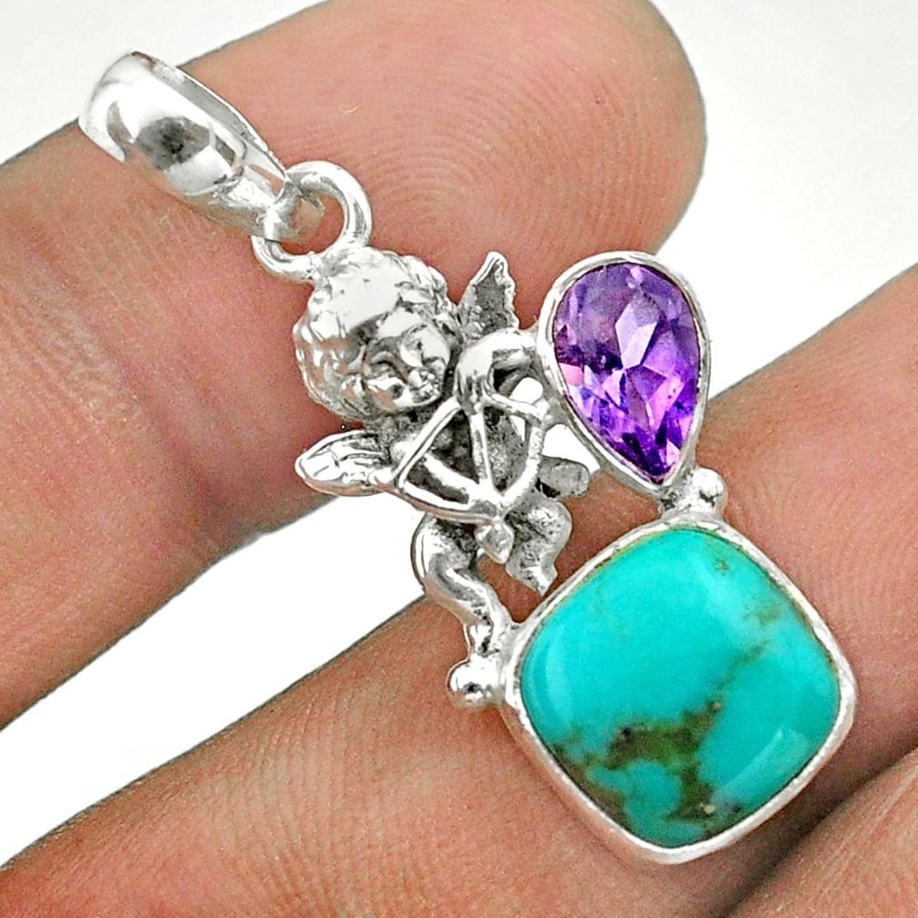 6.26cts green arizona mohave turquoise amethyst 925 silver angel pendant t51289