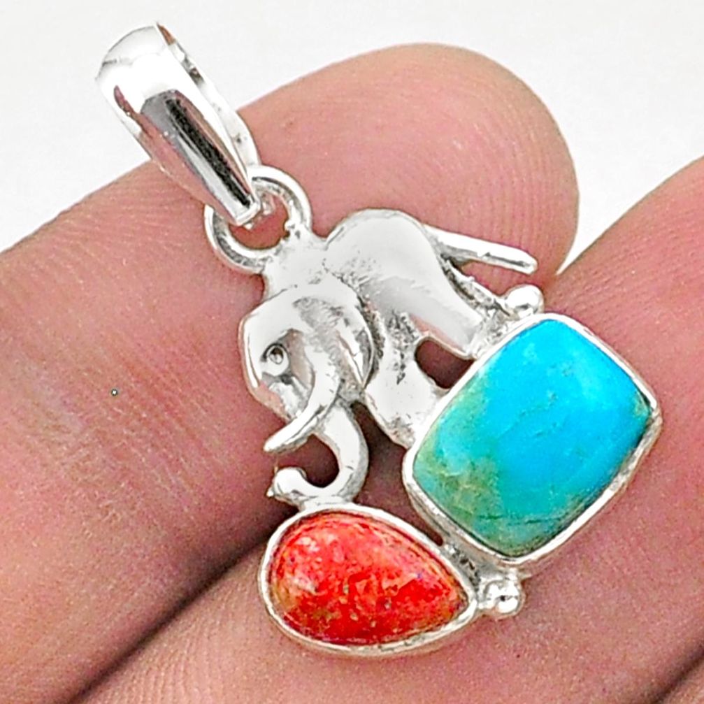 5.43cts green arizona mohave turquoise coral 925 silver elephant pendant t38422