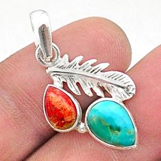 5.20cts green arizona mohave turquoise coral 925 silver feather pendant t38407