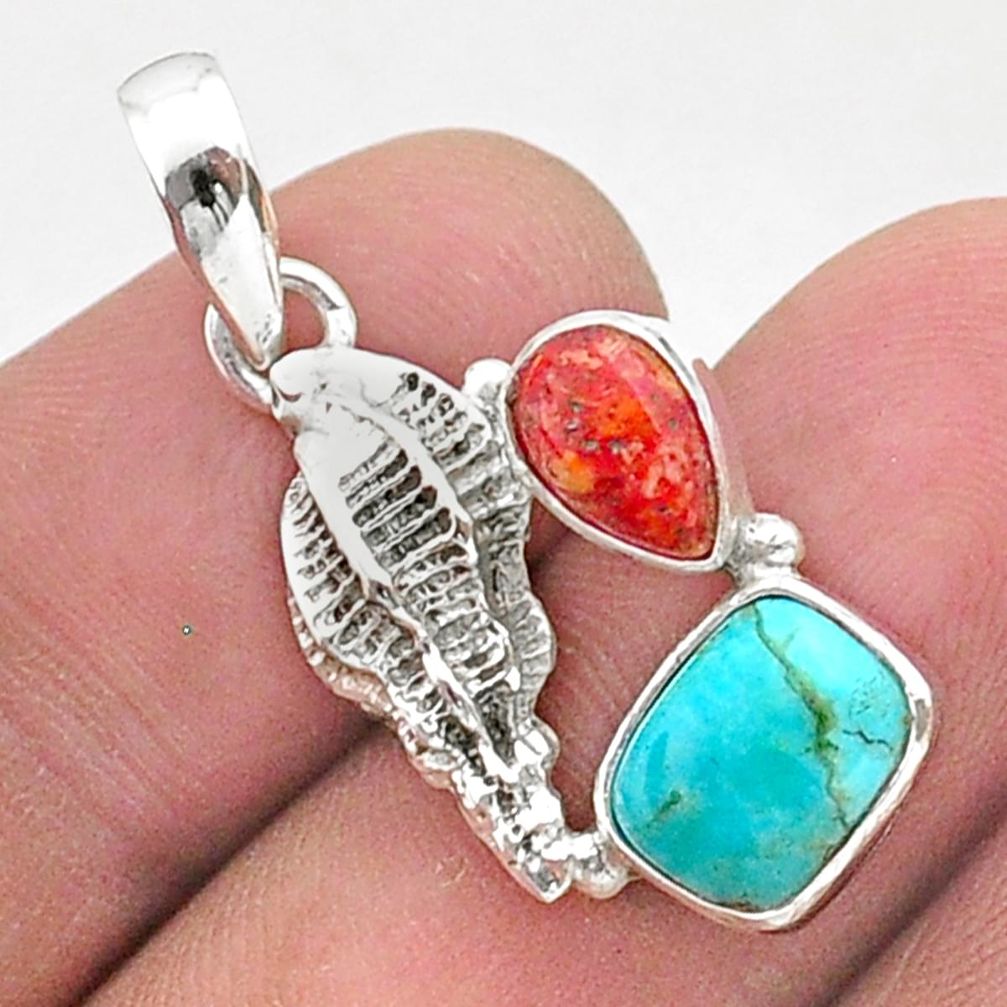 5.43cts green arizona mohave turquoise coral 925 silver seashell pendant t38424