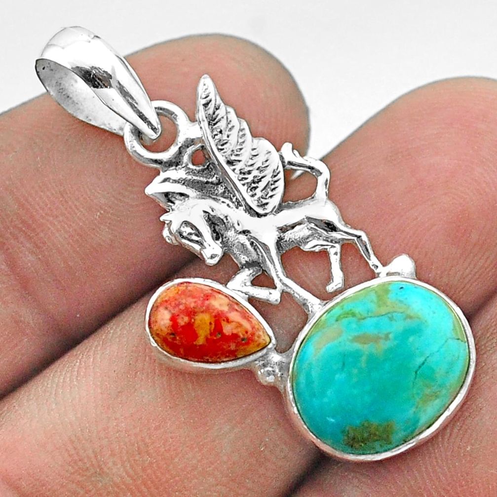 6.70cts green arizona mohave turquoise coral 925 silver unicorn pendant t51320