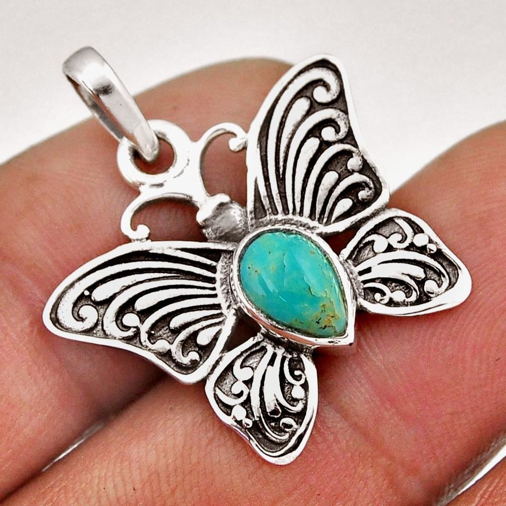 1.96cts green arizona mohave turquoise pear 925 silver butterfly pendant n45169