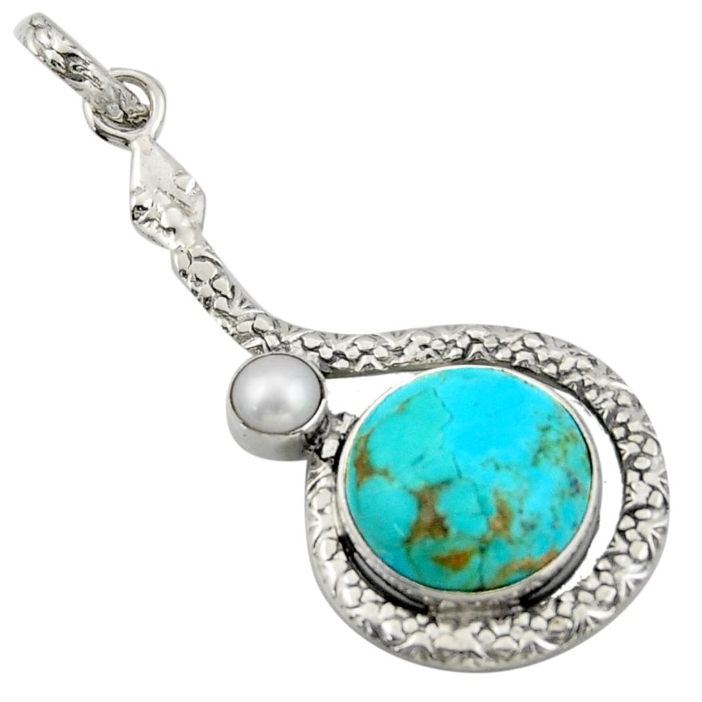 13.24cts green arizona mohave turquoise pearl 925 silver snake pendant d47270
