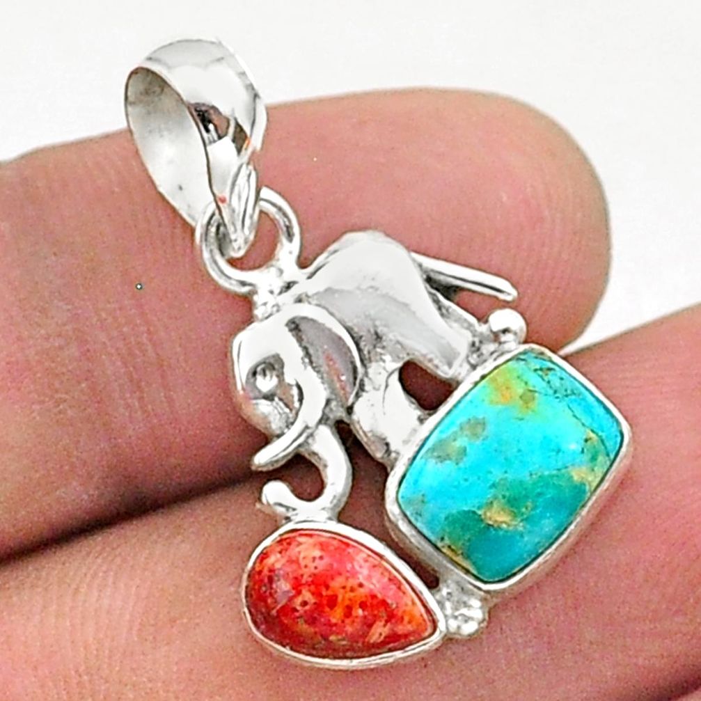 5.22cts green arizona mohave turquoise red coral silver elephant pendant t38425