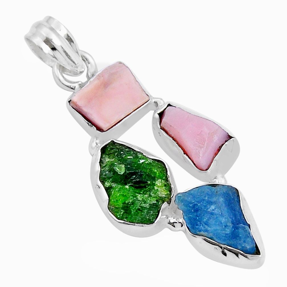 14.06cts green chrome diopside aquamarine opal rough 925 silver pendant y5553