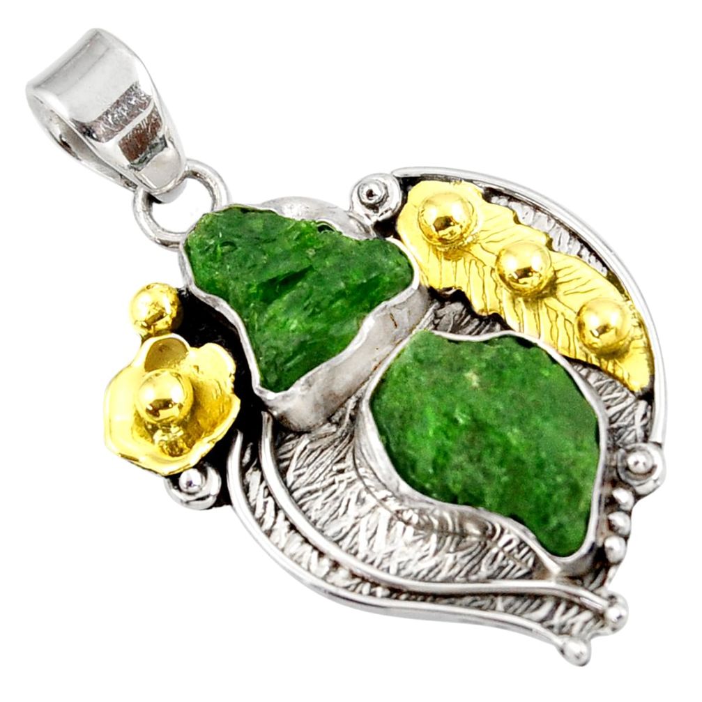 15.25cts green chrome diopside rough 925 sterling silver 14k gold pendant d39170