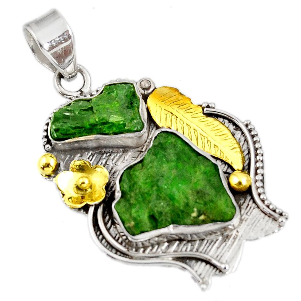 17.81cts green chrome diopside rough 925 sterling silver 14k gold pendant d39173