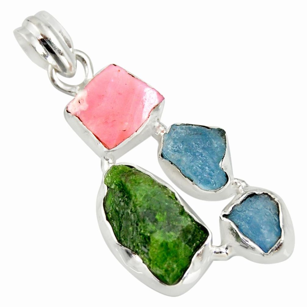 16.87cts green chrome diopside rough aquamarine rough 925 silver pendant r26857