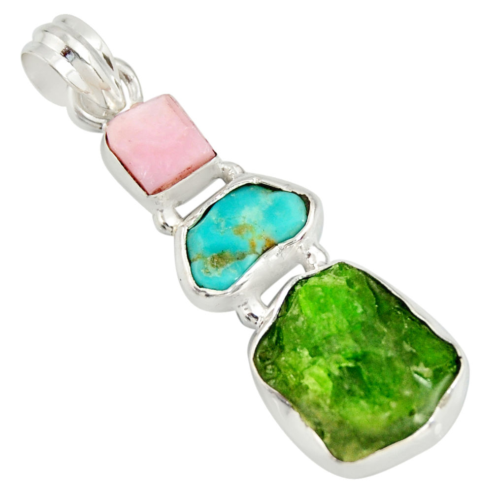 13.55cts green chrome diopside rough pink opal 925 silver pendant r26841