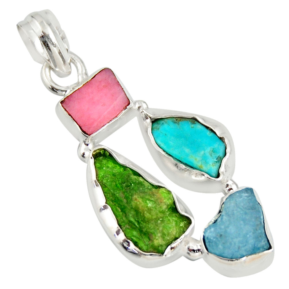 12.99cts green chrome diopside rough pink opal 925 silver pendant r26842