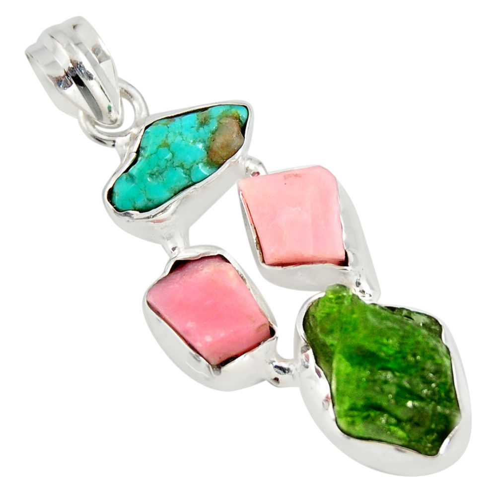 16.06cts green chrome diopside rough pink opal 925 silver pendant r26843