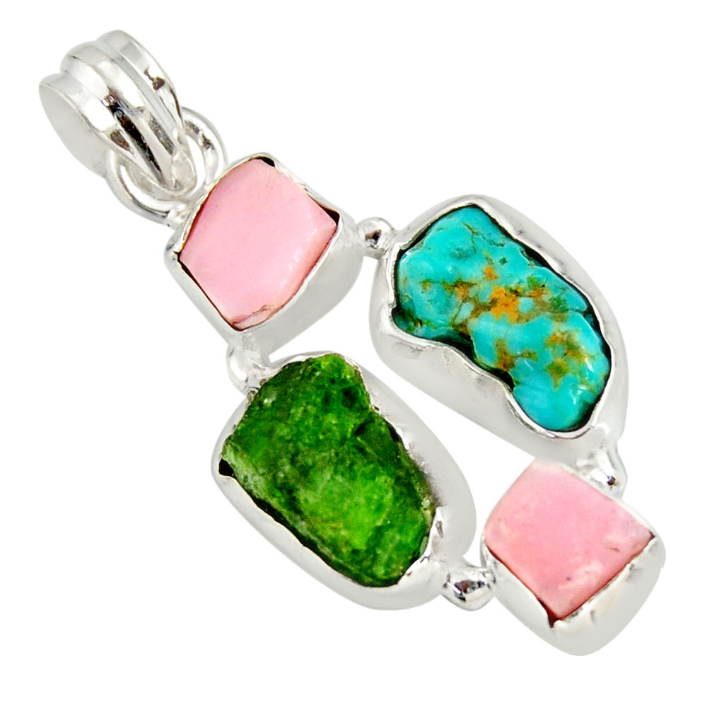 12.60cts green chrome diopside rough pink opal 925 silver pendant r26845