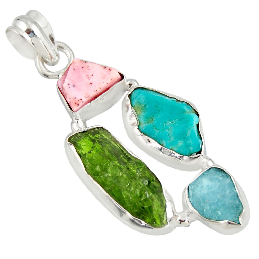 14.45cts green chrome diopside rough pink opal 925 silver pendant r26853