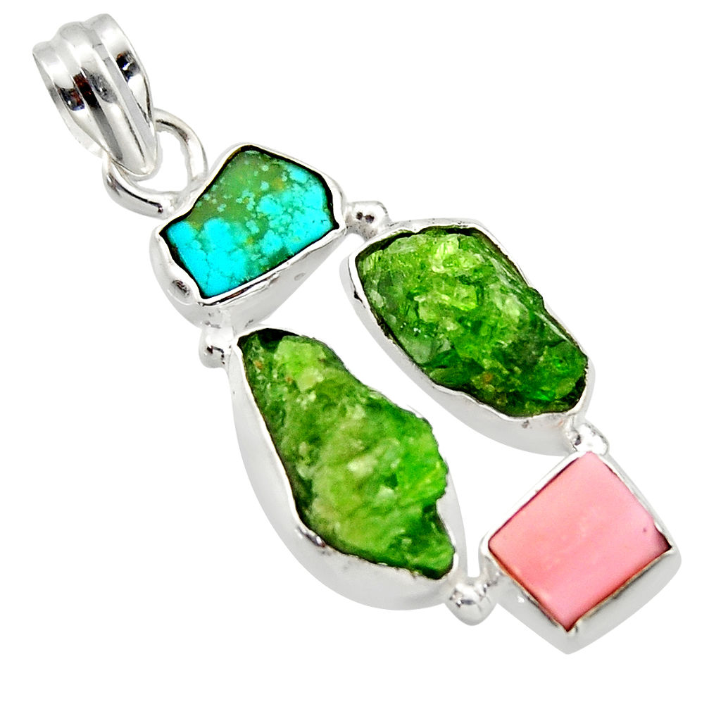16.62cts green chrome diopside rough turquoise tibetan 925 silver pendant r40329